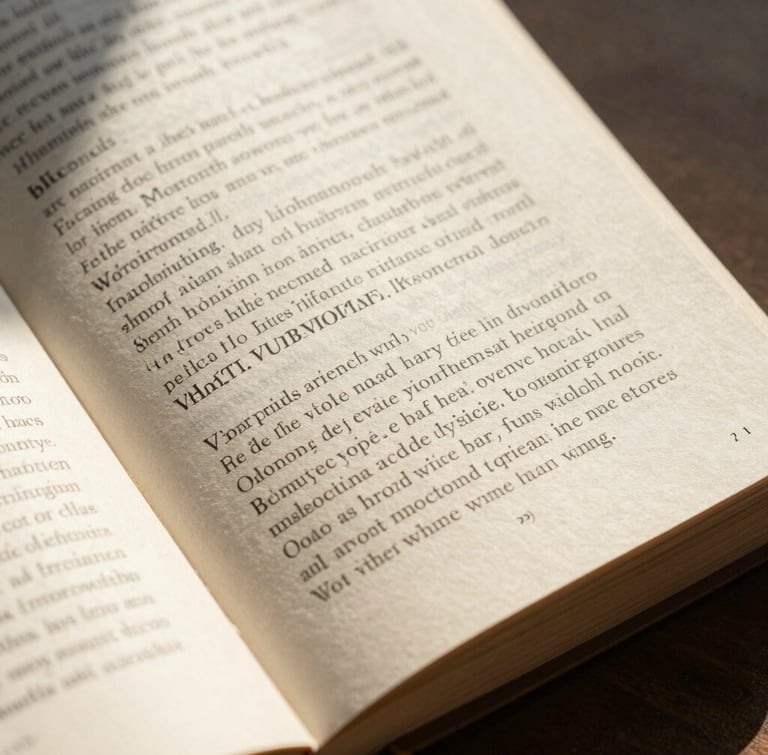 Macro shot of an open, physical book showing elegant serif typography on warm, textured cream paper. Soft, natural side-lit daylight casting realistic shadows. Overhead angle focusing on the grid-like precision of the text block.