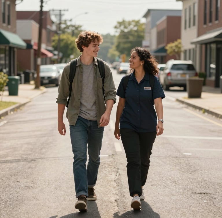 A smiling young adult and a support worker walking down a clean, sunlit street in Warren, Ohio, warm natural daylight, candid moment.