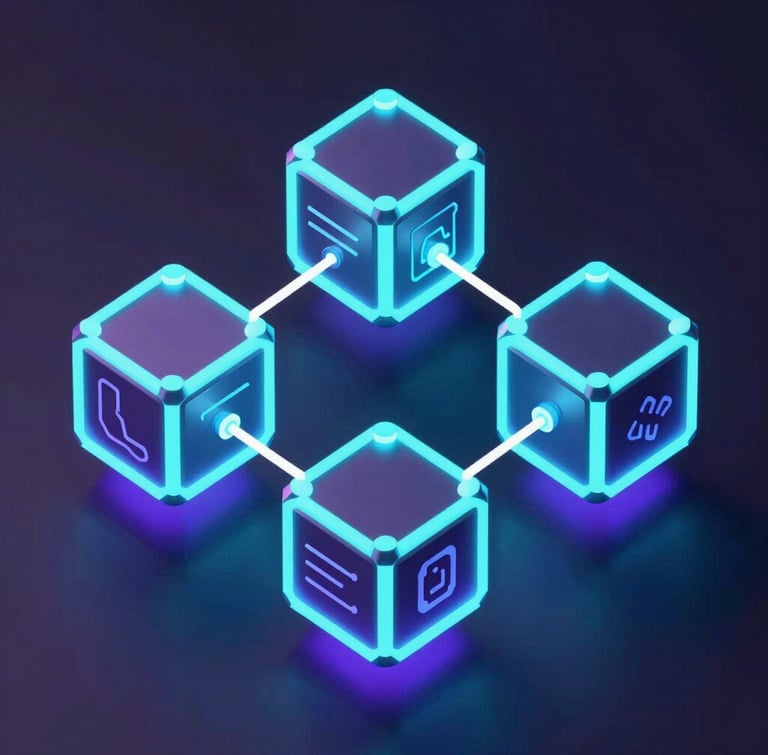 Isometric technical diagram of 3D geometric nodes representing digital identity protocols, high-fidelity 3d render, dark ambient background, neon cyan and violet volumetric lighting, octane render