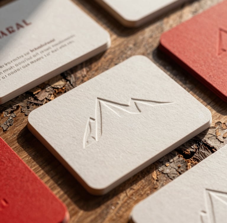 Close-up macro shot of debossed business cards on raw oak bark, warm mountain sunlight, sharp shadows