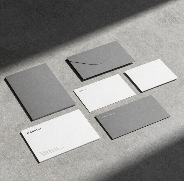 Architectural brand identity collateral arranged on a smooth concrete surface, sharp shadows from soft overhead light, minimalist gray and white palette.