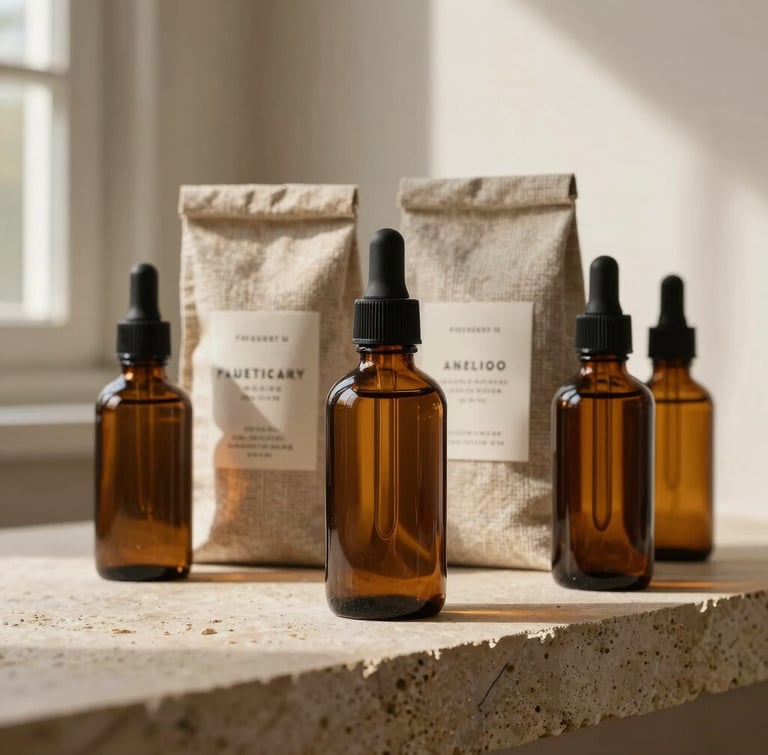 Amber glass bottles and organic linen packaging for an apothecary line, styled on a warm taupe stone slab under soft window light.
