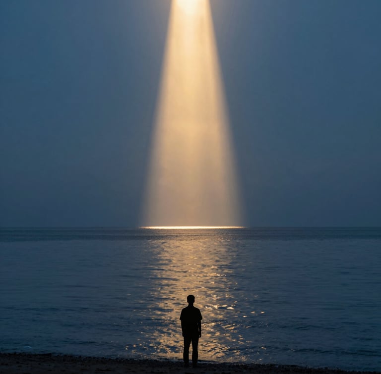 A quiet silhouette of a person standing at the edge of a calm ocean at golden hour, a single vertical beam of solar light piercing the sky, minimalist.