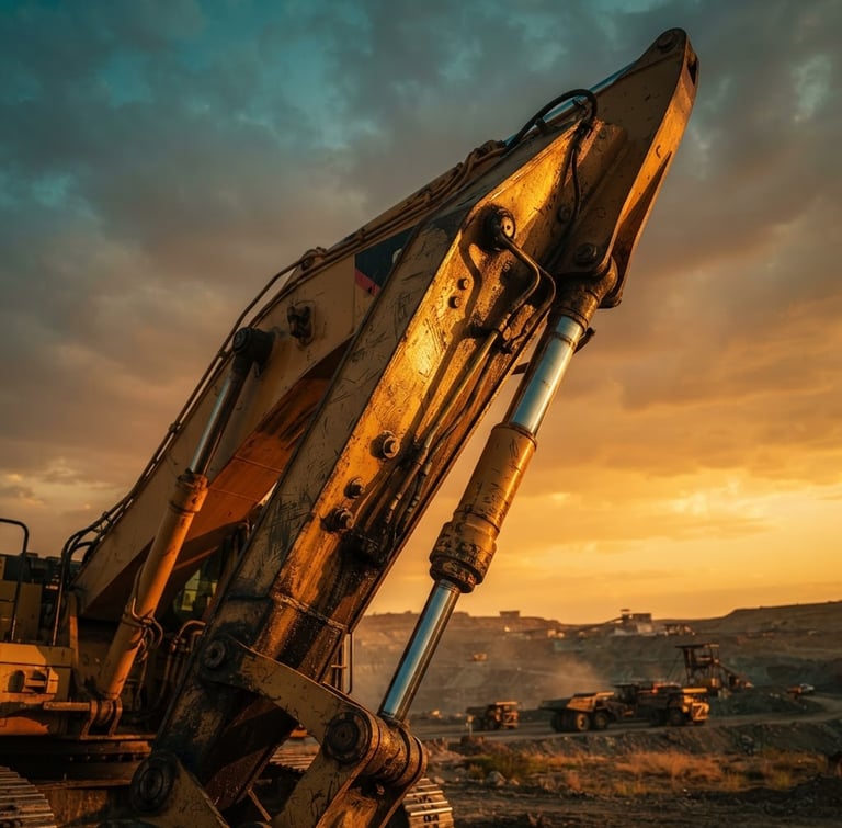 Low-angle heroic shot of a massive yellow excavator hydraulic arm glistening under golden hour South African sun, industrial metal texture