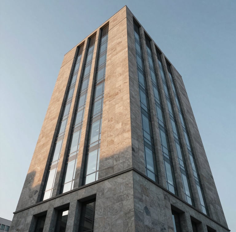 Low-angle architectural elevation of a monolithic concrete and glass commercial tower at sunrise, crisp indirect morning light reflecting off stone panels, clean geometric lines.
