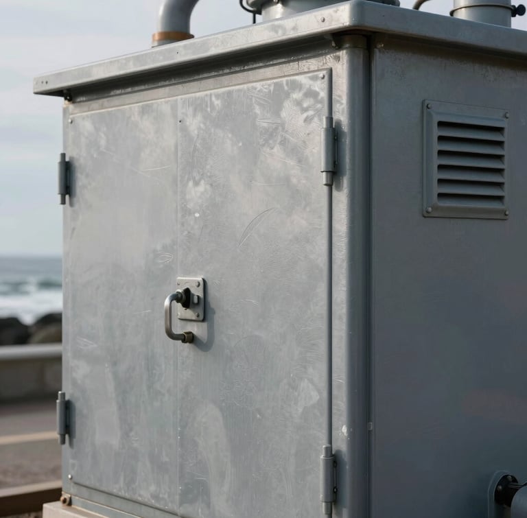 A close-up technical shot of a ruggedized steel power plant enclosure with anti-corrosive C5-M coating, showing heavy industrial door latches and ventilation louvers, overcast coastal daylight.