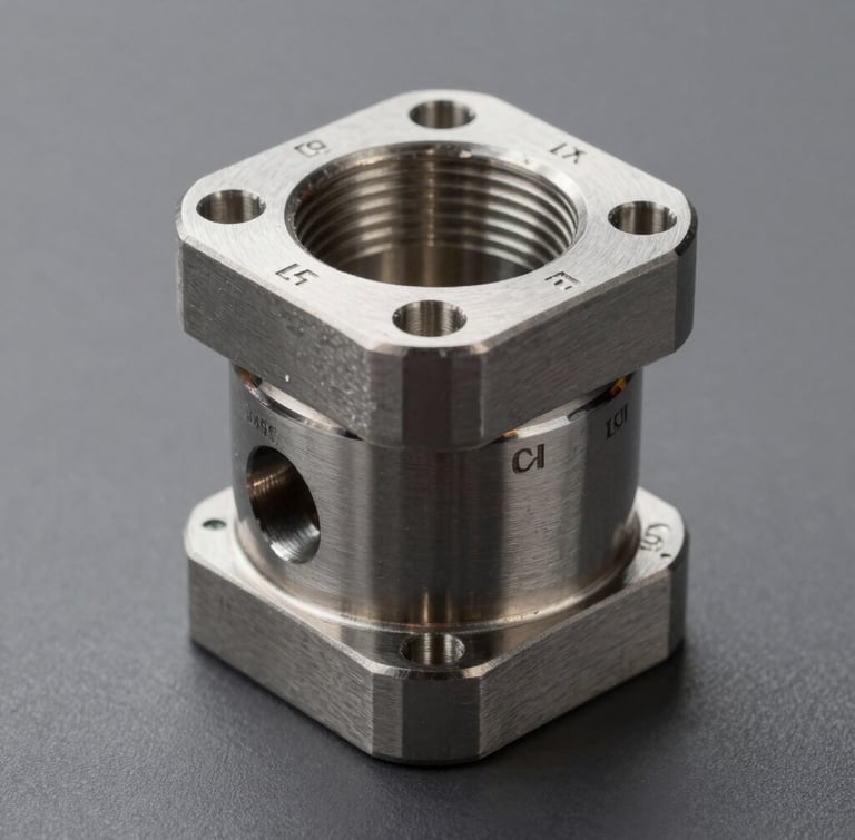 Frontal isometric view of a polished stainless steel flange with visible ASTM certification stamps, cold technical lighting, neutral gray background.