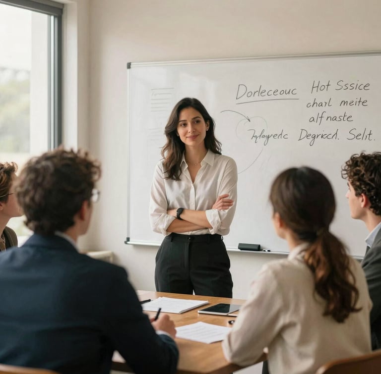 A warm, natural light environmental portrait of a female leader standing confidently in front of a hand-drawn whiteboard, engaging a diverse group of executives in active, collaborative discussion.