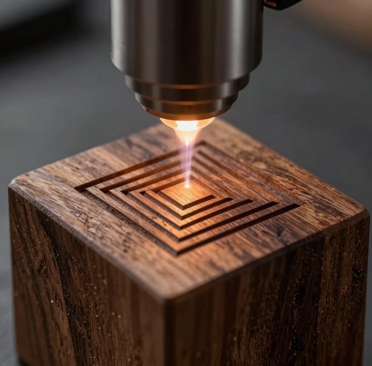 Macro close-up of a high-power laser head etching clean geometric lines into a dark, raw walnut block. Directional side-lighting highlights the deep wood grain and sharp, crisp edges of the engraving.