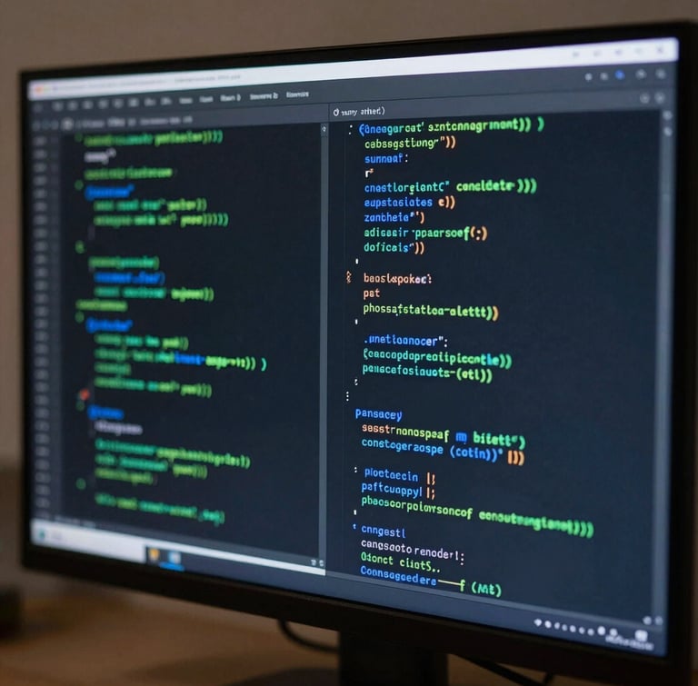 Close-up of a high-resolution dark monitor displaying structured code lines in green and blue syntax highlighting, clean workspace environment, soft ambient lighting.