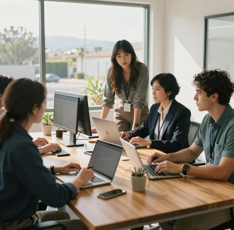 A bright, professional office environment in Temecula, California. Approachable marketing team collaborating around a clean wooden table with notebooks and screens, natural daylight streaming through large windows.