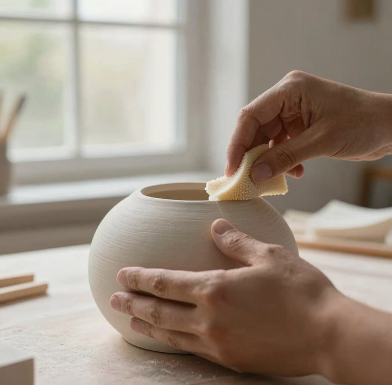 Tight macro shot of hands carefully wrapping a ceramic sculpture in custom-cut shock-absorbing foam, warm natural light filtering through a large window, clean minimalist background.