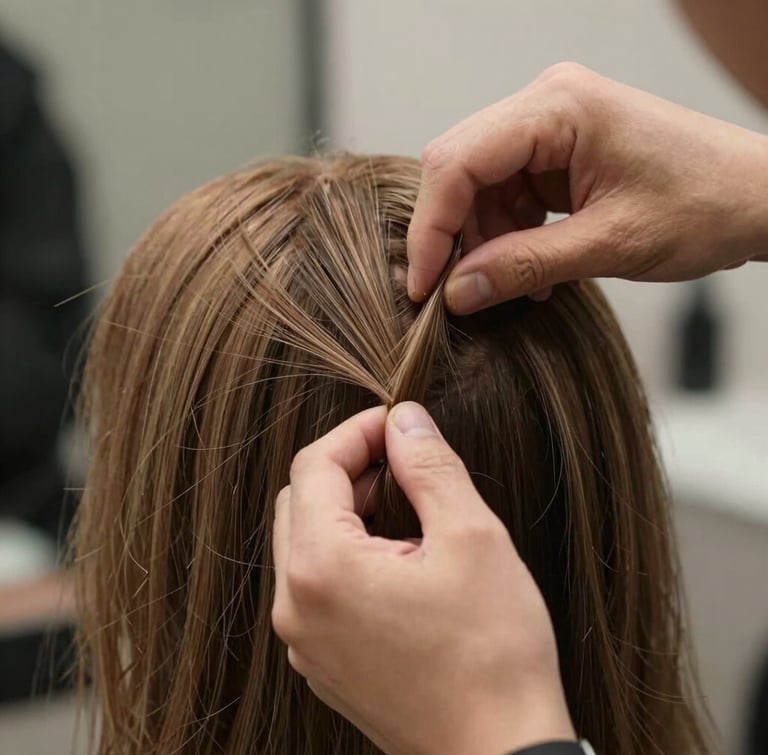 A close-up of a master stylist's hands carefully performing a precision cut on a natural human hair wig, soft northern light highlighting the individual strands and natural movement.