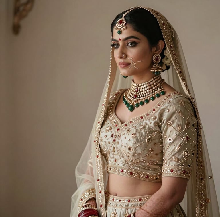 Regal portrait of an Indian bride in an ivory silk lehenga, adorned with heavy antique Polki and Kundan choker, soft diffused side lighting, editorial composition, negative space on the left.