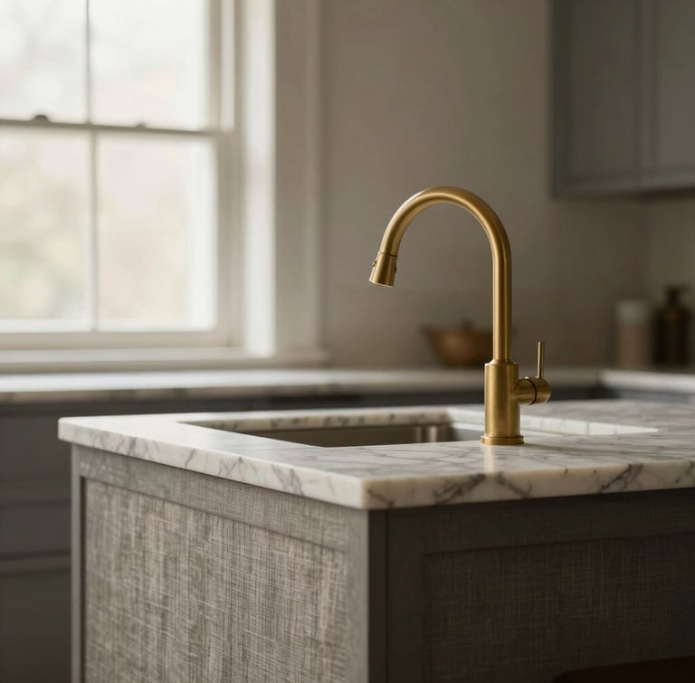 Close-up of a kitchen island featuring mitred marble edges and a brushed brass faucet, soft natural light, linen and charcoal tones.