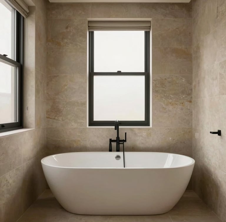 Wide environmental shot of a luxury bathroom sanctuary featuring a freestanding tub, matte black fixtures, and warm neutral stone tiles.