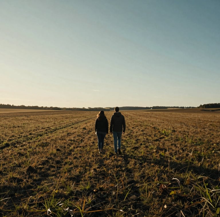 Wide cinematic landscape of a couple walking away in an open field at golden hour, deep shadows, high contrast.