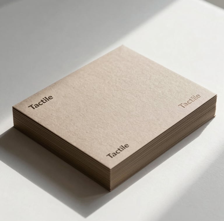 Tactile brand artifacts: a stack of custom-designed letterpress stationery on warm taupe paper, soft natural shadows on a bright white surface.