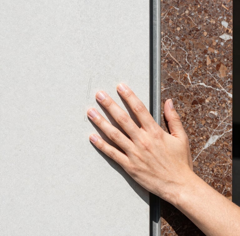 Close-up detail of hands touching a textured sheet of Tyvek next to a piece of polished brown Emperador marble, bright natural daylight, high-contrast editorial