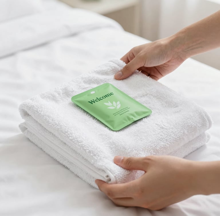 Close-up of hands placing a neatly folded white towel and welcome amenity on a pristine bed, bright high-key natural daylight, soft green tones, sharp focus.