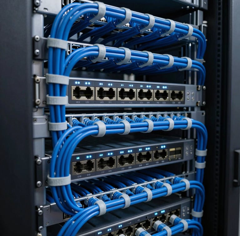 Macro detail shot of an immaculate AV rack with perfectly organized blue structured cabling, clean cable ties, and glowing network switch indicators in a dark server room.