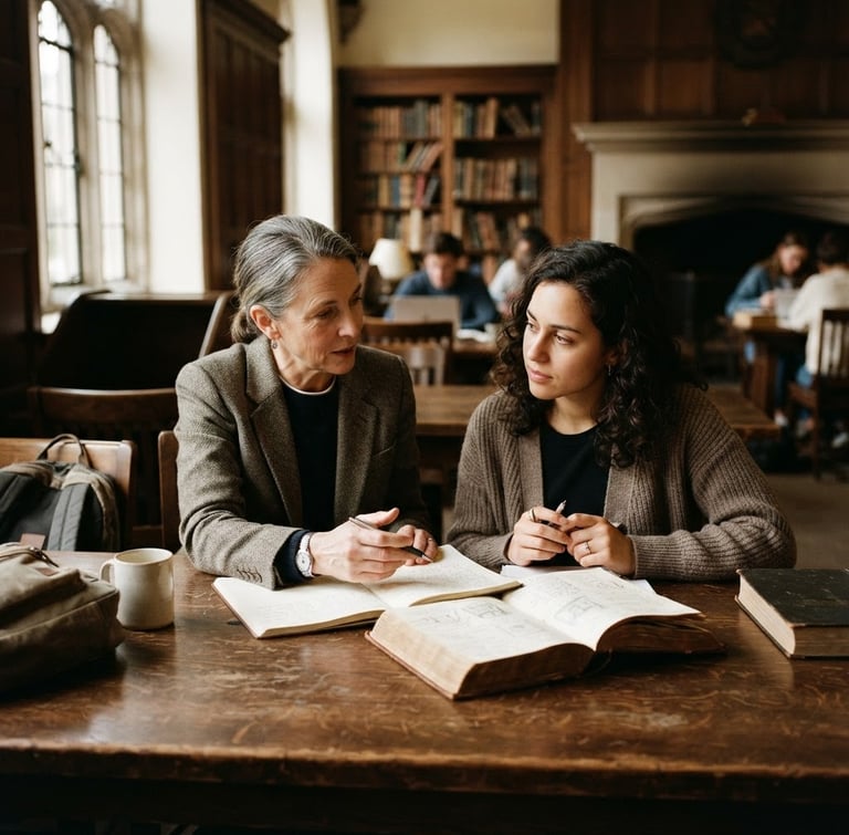 Warm editorial photography of a collaborative mentorship session in a historic university study hall, soft natural window light, rich academic tones, shallow depth of field, 35mm