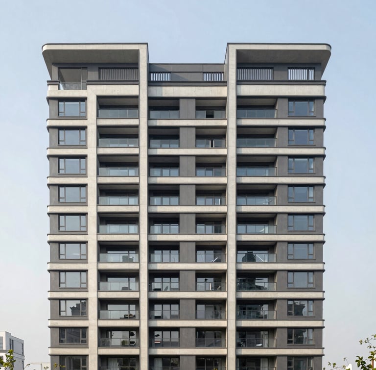 Wide architectural elevation of a modern, multi-family residential building in clean morning light. Straight-on structural angle, concrete and steel detailing, neutral overcast sky, no people, high-end editorial real estate photography.