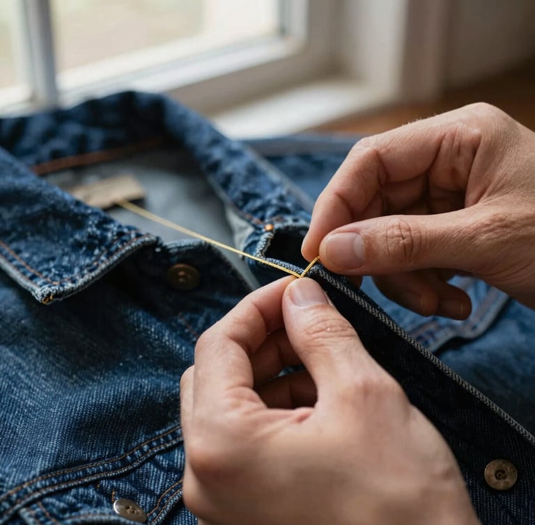 Macro close-up of hands carefully unpicking the golden thread of a vintage denim jacket under soft window light, textured indigo fabric, shallow depth of field