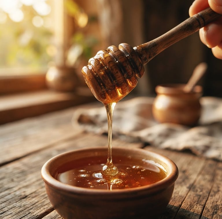 Macro photograph of raw golden Himalayan honey slowly dripping from a traditional carved wooden dipper, warm side-lit window shadows, rich honey tones, 35mm