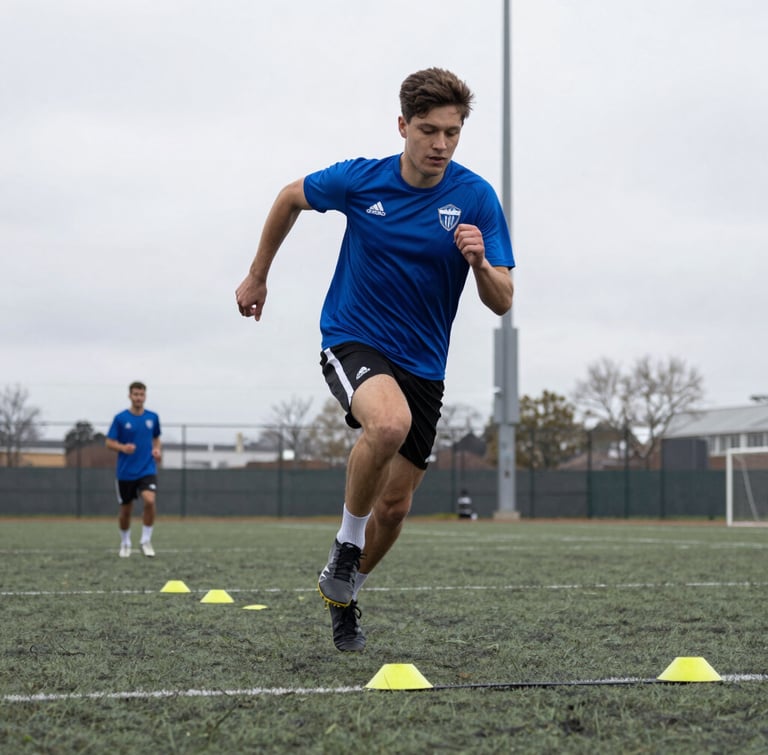 Low-angle action shot of a young athlete in a blue jersey sprinting through agility cones on an Enoch training field under overcast daylight.