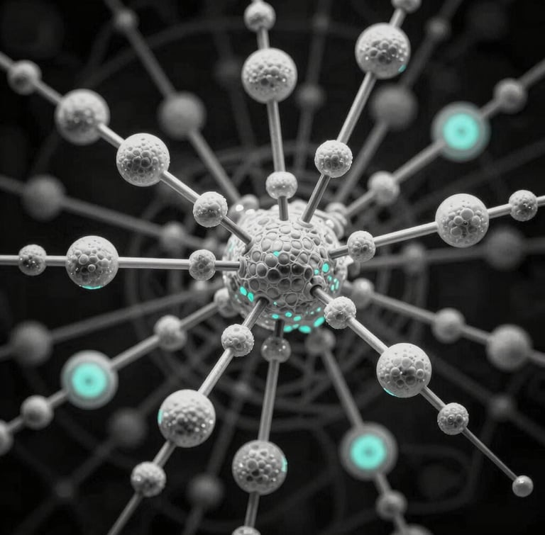 Abstract visualization of layered scientific data nodes, high-contrast monochrome with subtle cyan highlights, dark background, macro crop.