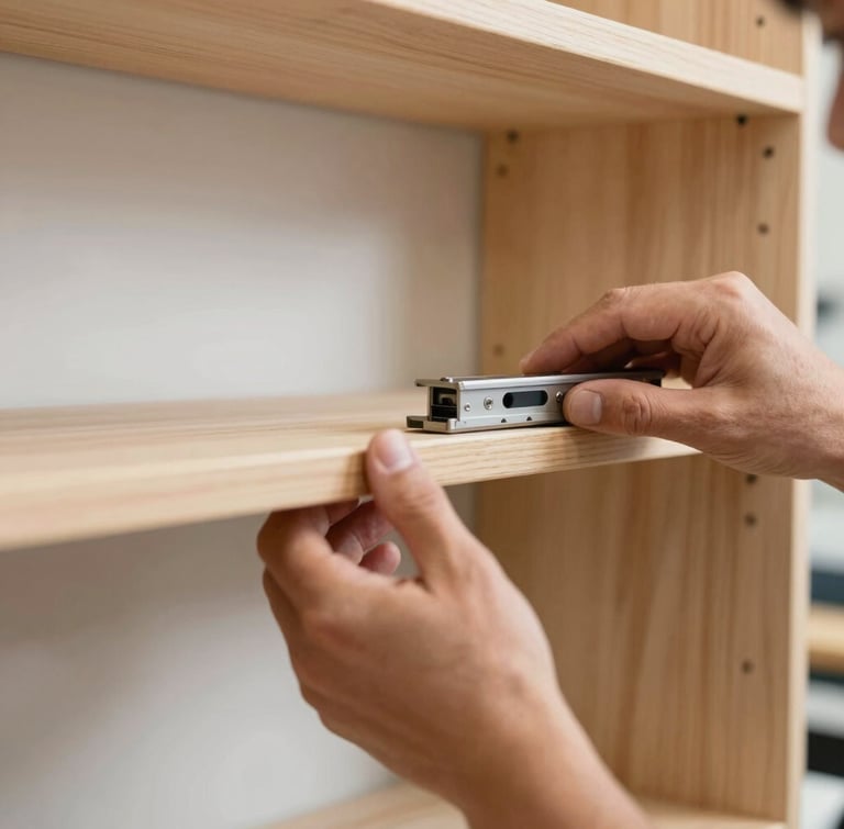 Close-up detail of a professional technician's hands leveling a wooden shelf, bright natural Nevada daylight, clean and precise.