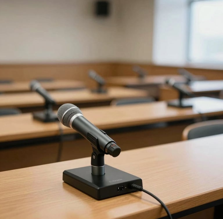 Macro view of an empty international press room, sleek microphones on wooden desks, soft natural light, shallow depth of field.