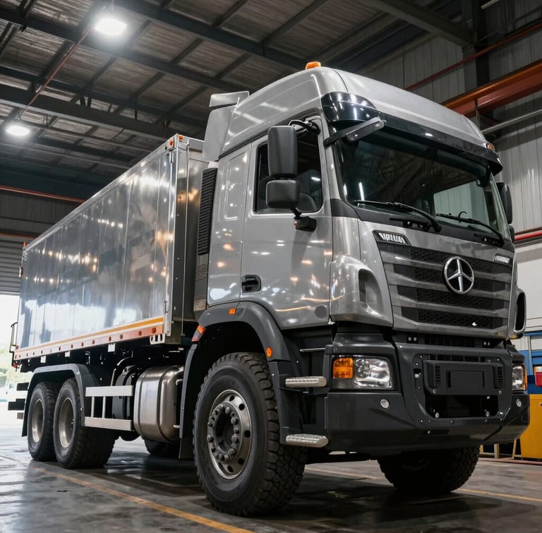Low-angle heroic shot of a heavy-duty flatbed truck loaded with commercial chassis under harsh warehouse overheads, high-contrast industrial lighting, sharp metallic textures.