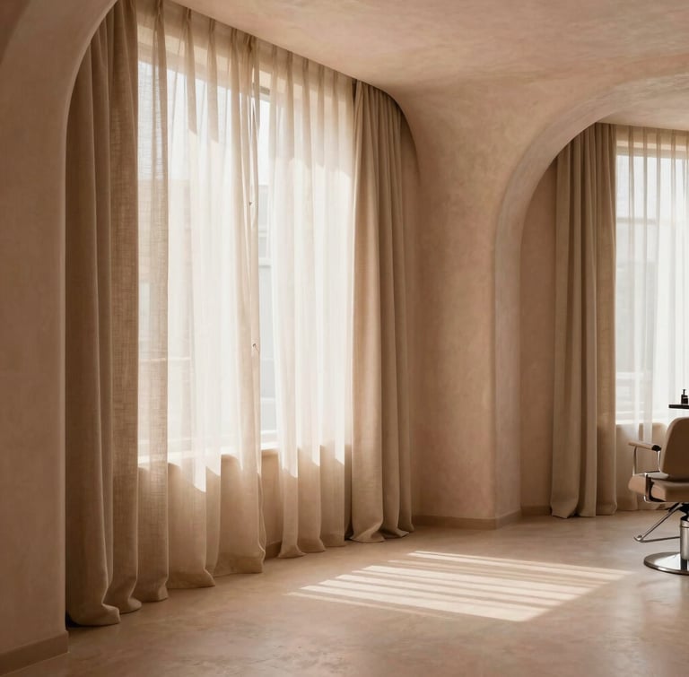 Wide environmental shot of a luxury salon interior, soft architectural plaster curves, warm beige linen curtains, diffused window light, empty pristine space