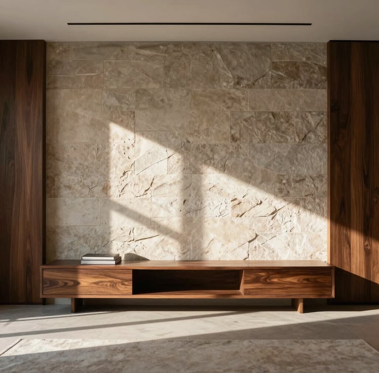 Straight-on architectural shot of a minimalist living room in Selangor, dramatic natural light casting long shadows across textured stone walls and custom dark timber millwork