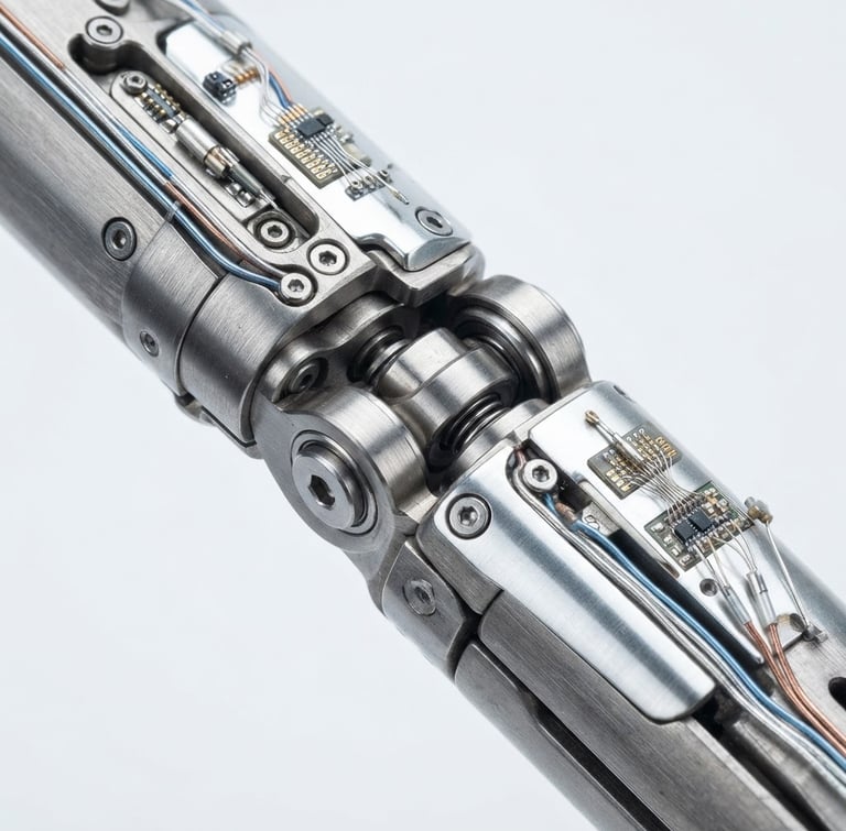 Macro detail of brushed titanium joints and silver neural sensors under crisp studio lighting, clean white background, 50mm