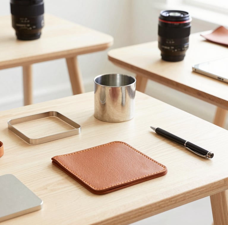 Bright high-key product photography of curated leather and steel goods on clean oak tables, natural daylight, 35mm lens