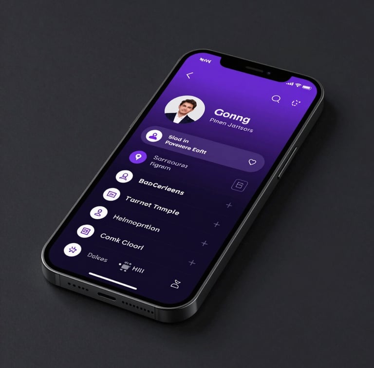 Sharp front-facing smartphone mockup displaying a sleek dark-mode digital business card profile with social links, contact files, and a clean neon violet accent, studio lighting