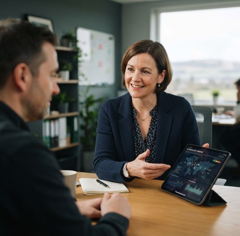 Approachable consultant sitting in a bright, natural-light Ayrshire office, discussing security on a tablet, soft overcast daylight, shallow depth of field, 35mm