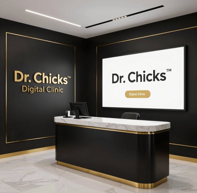 A cozy workspace with a computer displaying animated characters and AI diagrams, symbolizing Dr. Chicks' creative consulting.