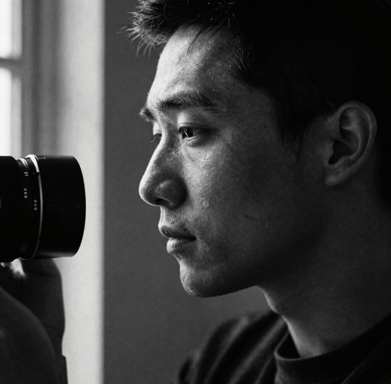 Close-up portrait of a cinematic photographer in profile, soft window light highlighting the face, grainy black and white film texture, deep dark shadows, high contrast chiaroscuro composition.