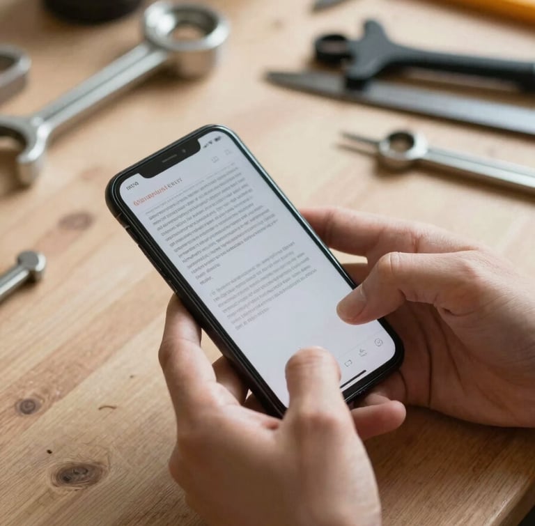 Vue rapprochée de mains d'artisan sur un établi en bois, tenant un smartphone affichant un message texte clair, outils de plomberie flous en arrière-plan, lumière naturelle du jour.