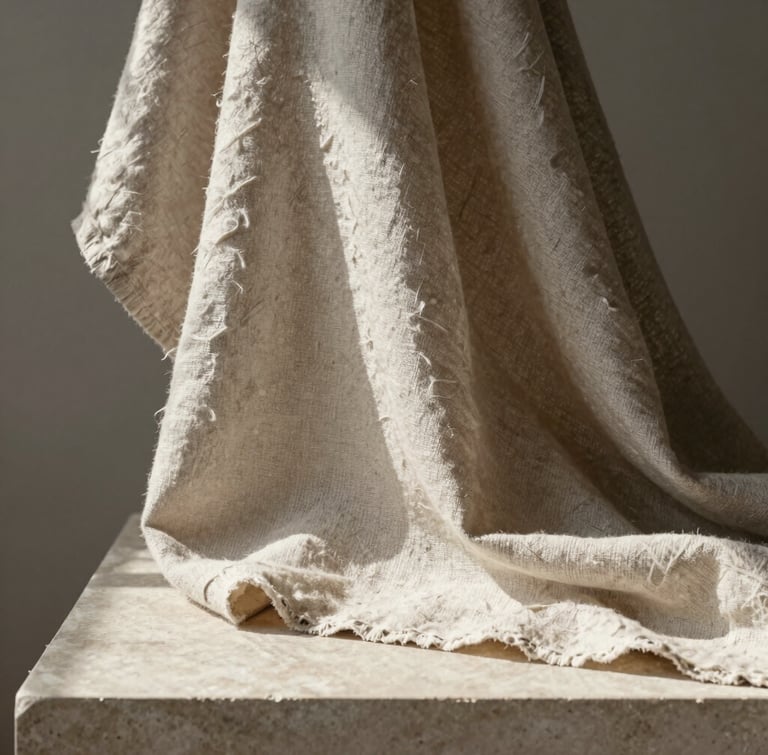 Extreme close-up of raw organic linen-silk fabric draped over a minimalist stone pedestal in soft morning daylight, casting delicate shadows.