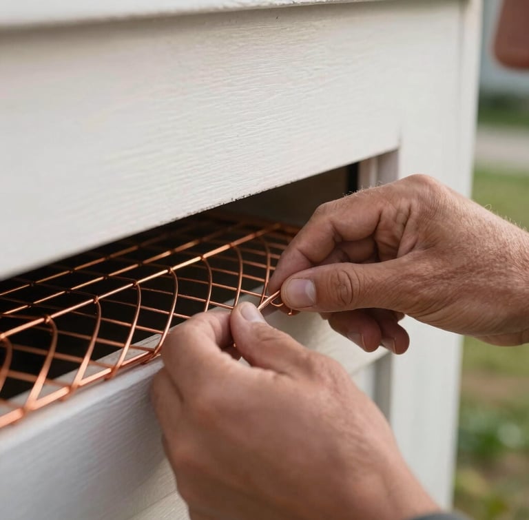 Macro close-up of a technician's hands installing heavy-duty copper mesh into a crawlspace vent of an Oakland craftsman home, sharp focus, early morning daylight.