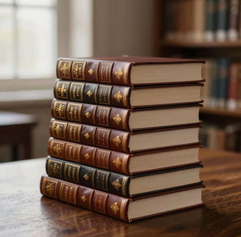 A stack of thick leather-bound classical Islamic books on a dark wooden table, soft golden light highlighting the textured spines and gold lettering, quiet library background, no people.