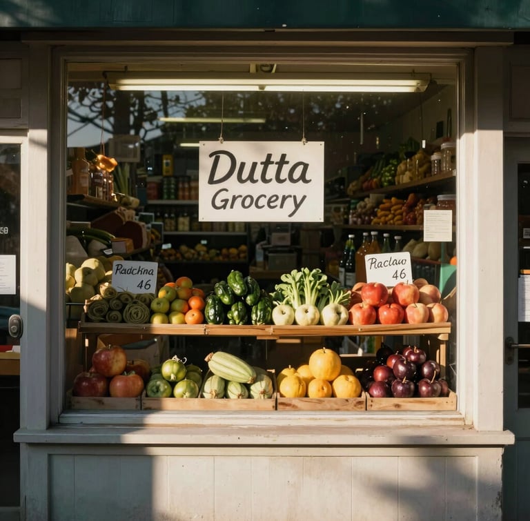 Warm afternoon sunlight streaming through the front window of Dutta Grocery Store, displaying neatly stacked produce and hand-written signs.