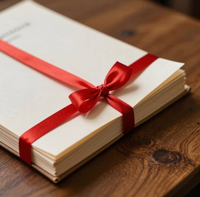 A macro close-up of a bound legal brief tied with traditional red ribbon, resting on a heavy oak table under sharp directional natural light.
