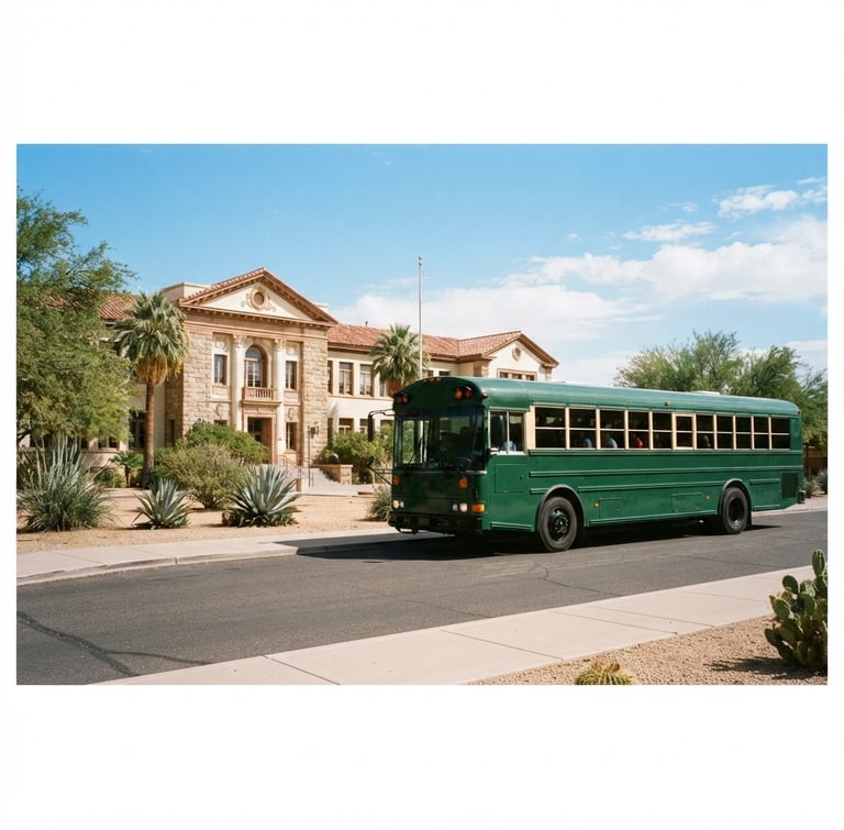 Wide shot of a modern, clean school transport bus, forest green, parked in front of a classical school building under bright Arizona daylight, sharp focus, 35mm, the bus occupies the right two-thirds of the frame.
