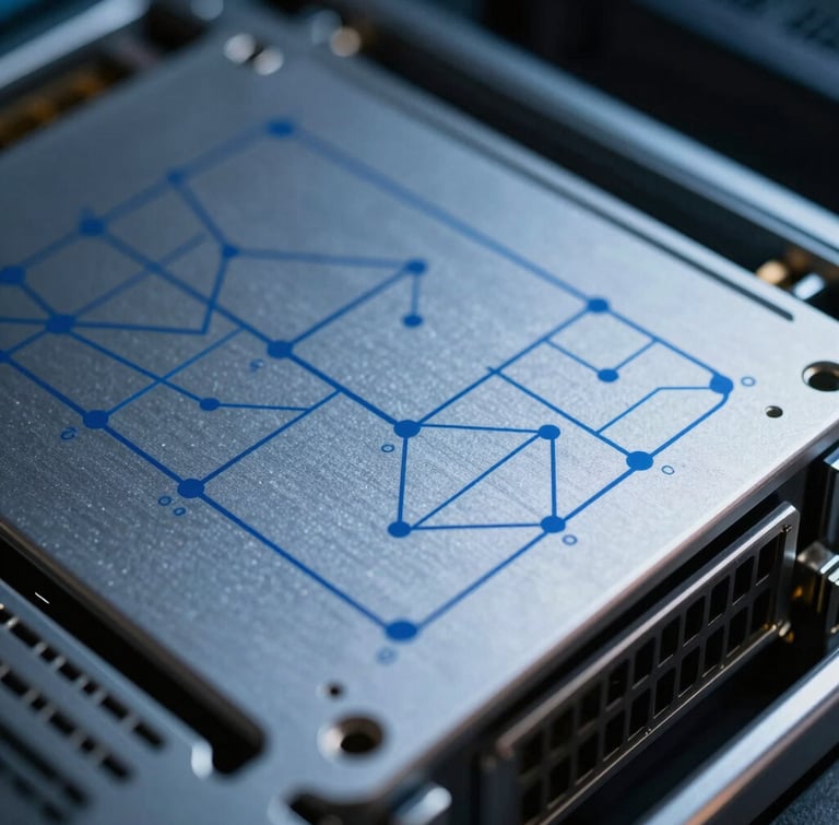 Macro close-up of high-end server hardware in a cool-toned data center, sharp shadows, deep blue mathematical blueprint lines projected onto the metallic surfaces.
